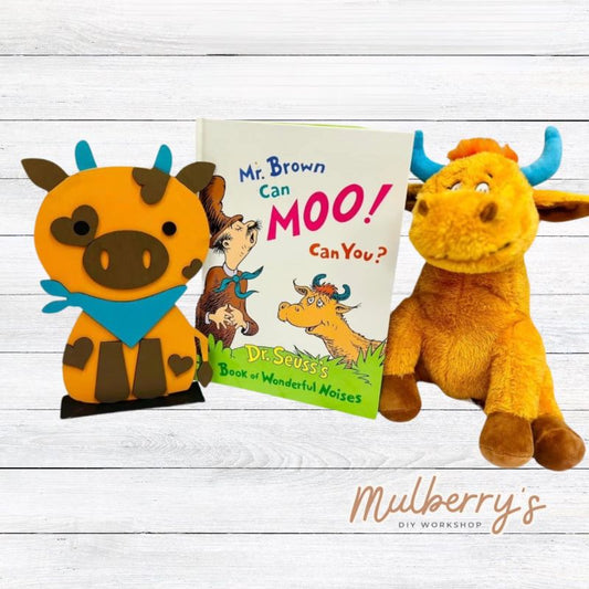 We have the Mr. Brown Can Moo book available at the workshop! Bring your child to the workshop to read the book and then have them complete our adorable cow project! Approximately 10.5" tall.