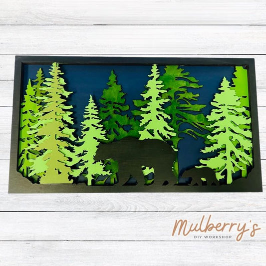 Our multilayered bear forest scene is absolutely stunning! Approximately 17" wide by 10" tall. Optional stand is available.