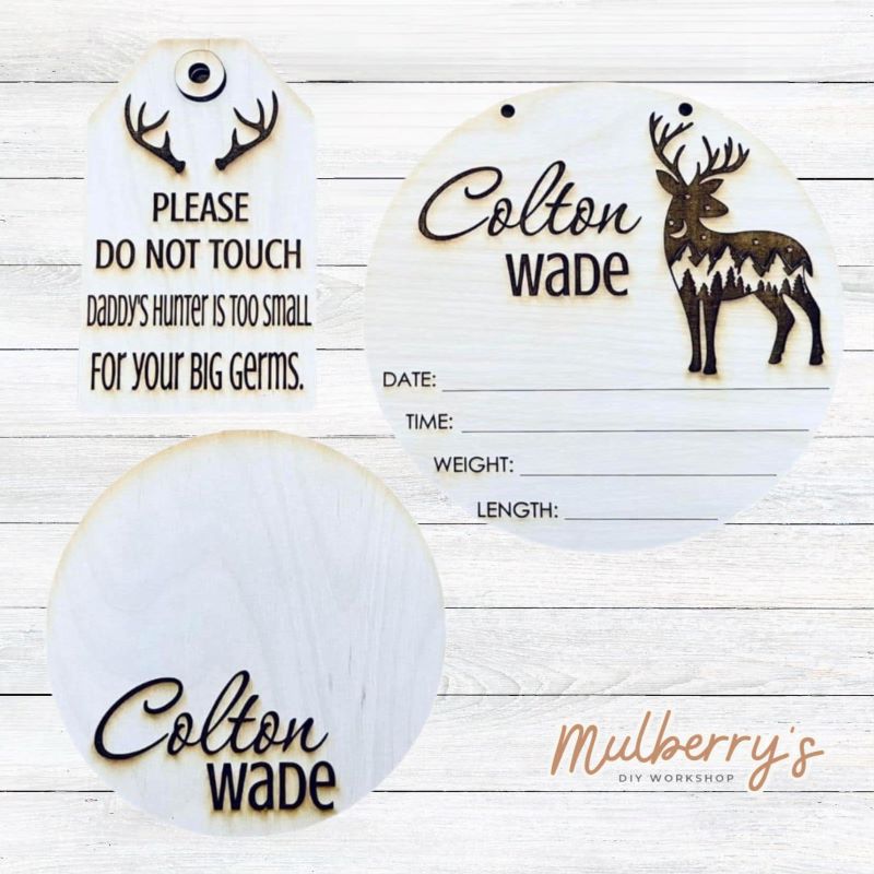 Let us help you with your baby's birth stats, adorable keepsake for hospital footprints, and a friendly reminder to attach to your carrier/stroller.  The carrier/stroller tag has been engraved with a friendly reminder. The birth stats round can be personalized and has a deer engraved on it. It's roughly 7.5" in diameter.The footprint keepsake can be personalized with your child's name engraved It's roughly 6" in diameter and is a perfect keepsake for hospital footprints.