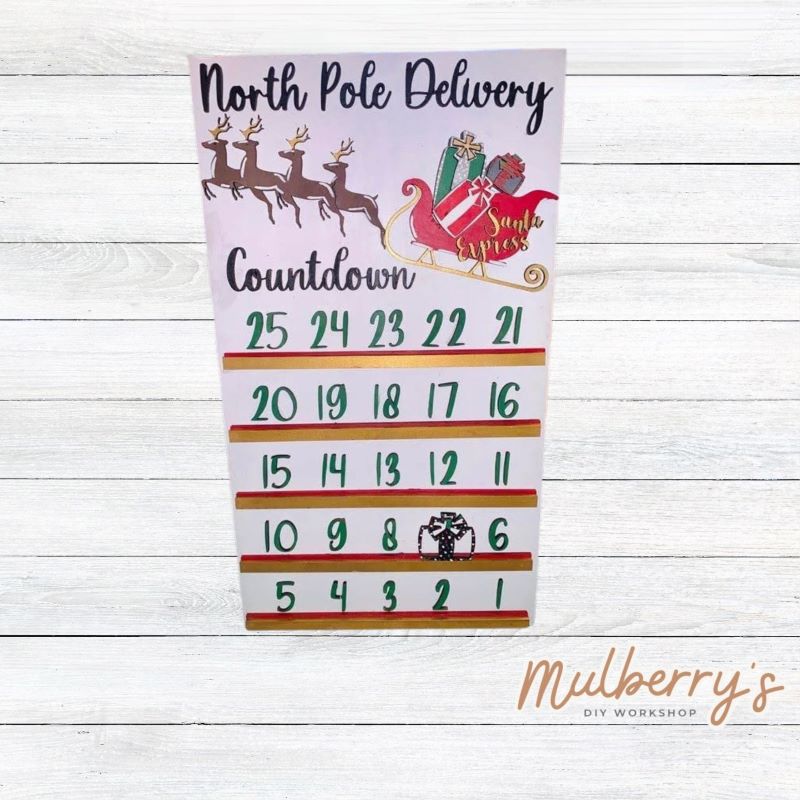 Let us help you countdown to Santa with our North Pole Delivery countdown calendar! Approximately 11" tall by 6" wide.