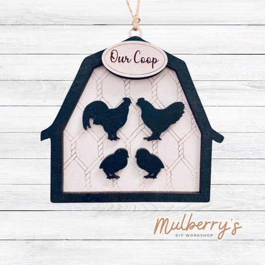 Our adorable coop ornament can be customized to fit your family! Your choice of 1 or 2 parents and up to 6 chicks! Approximately 4.5" tall.