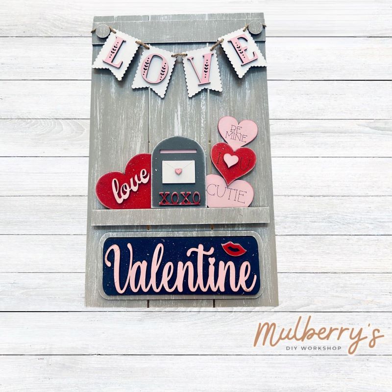 Our Interchangeable Pallet Stand measures roughly 15" tall by 9" wide.  This project can easily be changed out for holidays, seasons and other themes. The set includes the pallet stand and valentine inserts.