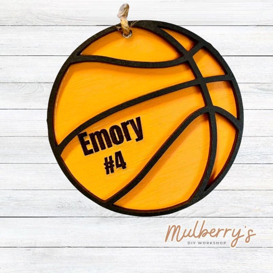 Our personalized basketball ornament is roughly 4-inches in diameter. It can also be used as a bag tag or car charm. Personalize it with your name and/or number.
