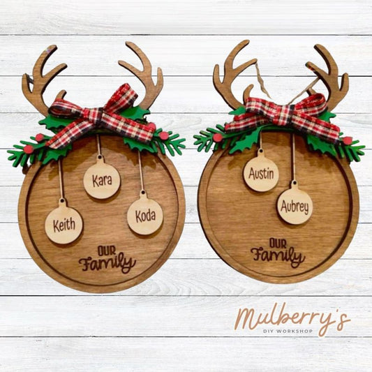 Our adorable multilayered, personalized ornament with antlers can hold up to 10 bulbs with names. The ornament is roughly 6 inches tall.