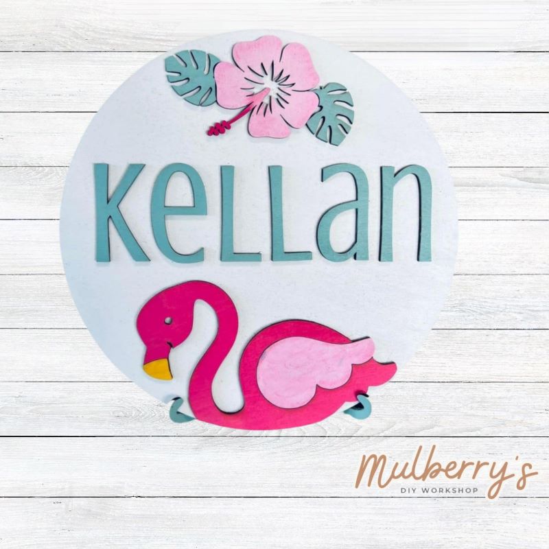 Our mini 9.5" round with a flamingo and is a popular project for kids! This design can be personalized with a name in either print or cursive. Optional stand is available.