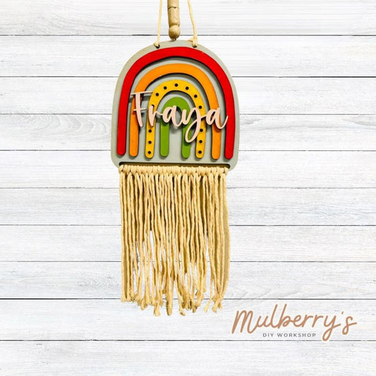 Our personalized rainbow macrame is approximately 7.5" tall by 6" wide without the yarn attached.