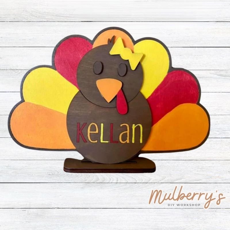 Our personalized turkey is the perfect size for your child to paint and decorate! Approximately 9" tall by 7" wide.