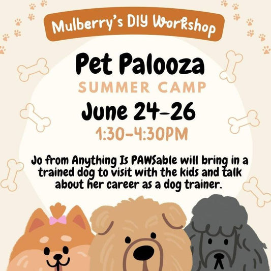 Come learn all about pets during our Pet Palooza summer camp!  We'll paint coordinating pet projects. Dates of Camp: Monday-Wednesday, June 24-26, from 1:30-4:30pm.  Ages 6+.  Please register to reserve your spot. Can't make it all three days? Single days are available too. No refunds. Registration may be transferred to a different camp, if needed.