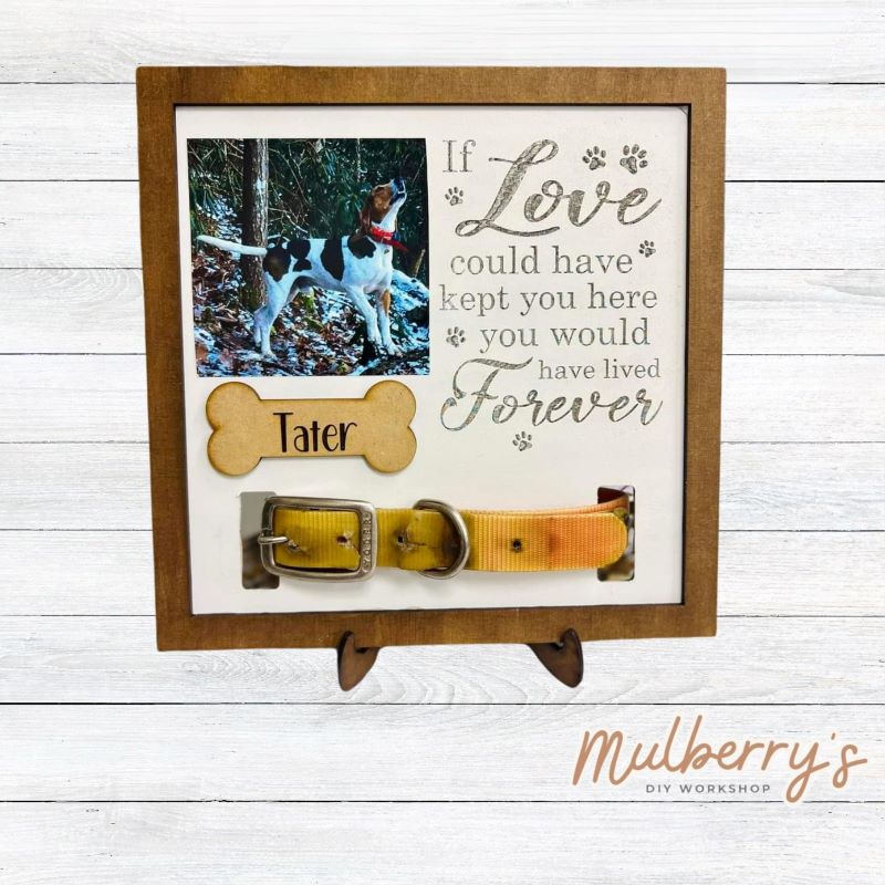 Remember your sweet friend with our personalized pet remembrance shelf sitter! Approximately 9.5" wide by 10.5" tall. Your dog's name will be personalized on the dogbone. Optional stand is available. Dog collar is NOT included.