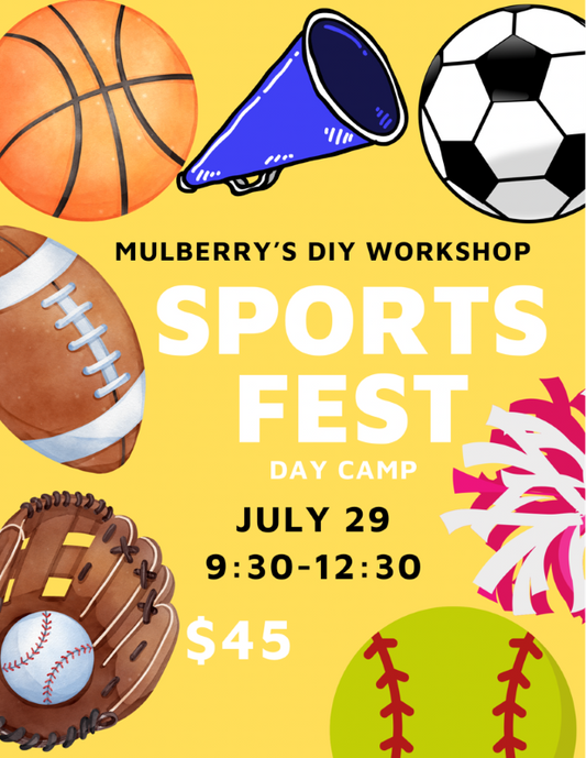Our Sports Fest Summer Day Camp will be customized to meet your athlete's sport perferance.  Sports to choose from: basketball, cheer, soccer, football, baseball, and softball. We'll paint three coordinating sport projects of your choice.  Date of Camp: Monday, July 29, from 9:30am-12:30pm.  Ages 6+.  Please register to reserve your spot. No refunds. Registration may be transferred to a different camp, if needed.