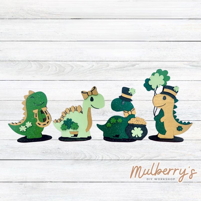 Our st. patty dino shelf sitters are super cute! Approximately 5" wide by 8" tall. Each dino includes a stand and can be purchased individually or as a set.