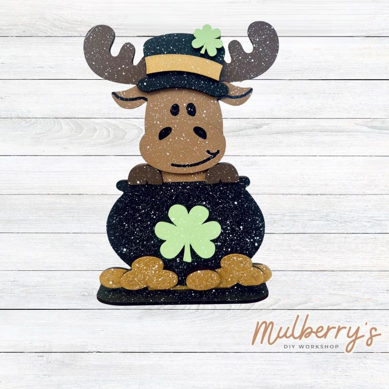 Our st. patty moose shelf sitter is super cute! He's approximately 7.5" tall and includes a stand.