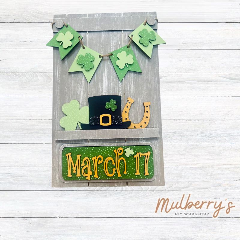 Our Interchangeable Pallet Stand measures roughly 15" tall by 9" wide.  This project can easily be changed out for holidays, seasons and other themes. The set includes the pallet stand and st. patty inserts.