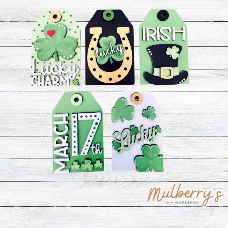 Our st. patty tag ornaments are perfect to use as ornaments of even gift tags! Approximately 5" tall.