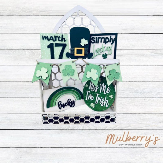 Our six-piece st. patty tiered tray set can be purchased as a set or as individual pieces.