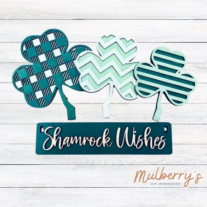 Our st. patty inserts are so versatile! Display them individually or in our interchangeable wagon or crate! Includes three shamrocks and the shamrock wishes banner.