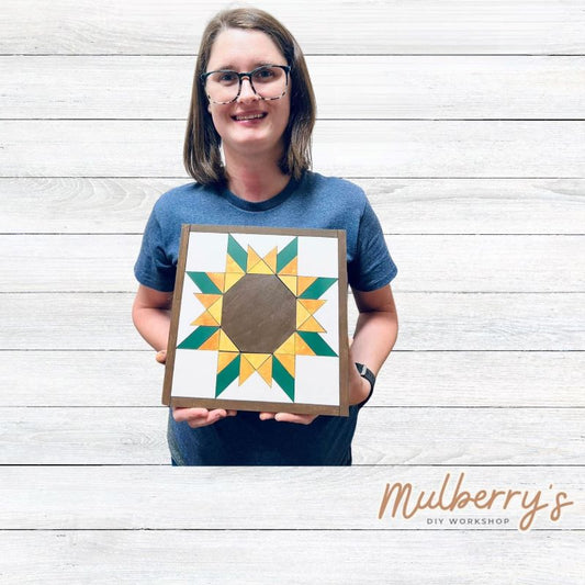 Our sunflower barn quilt is absolutely stunning! Approximately 10" tall by 10" wide. Optional stand is available.