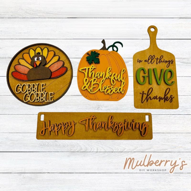 Our thanksgivng inserts are so versatile! Display them individually or in our interchangeable crate! Includes Gobble Gobble Turkey Circle, Thankful & Blessed Pumpkin, Give Thanks Cutting Board, and the Happy Thanksgiving banner.