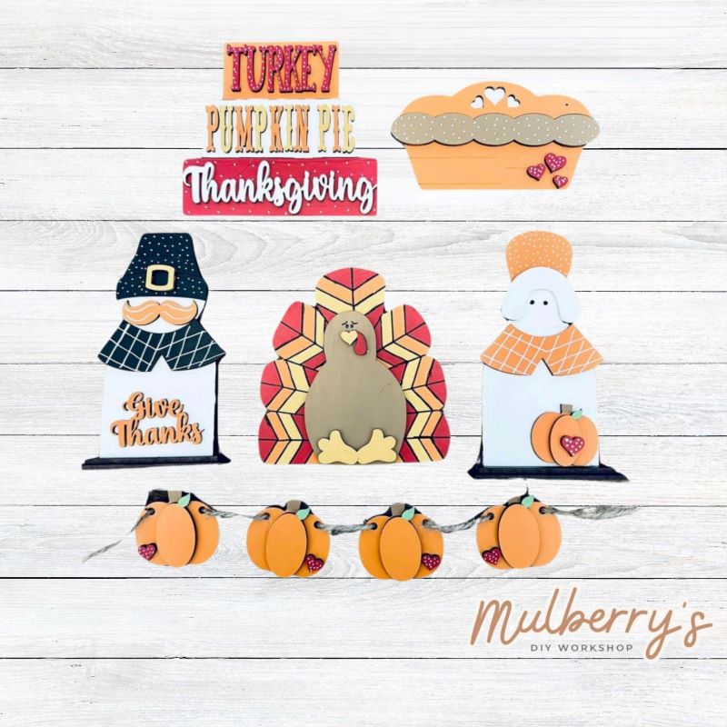 Our six-piece thanksgiving tiered tray set can be purchased as a set or as individual pieces.