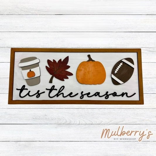 Tis the season for pumpkin lattes, falling leaves, pumpkins, and football! Celebrate the fall season with this adorable sign! Approximately 7" tall by 18" wide. Optional stand is available.