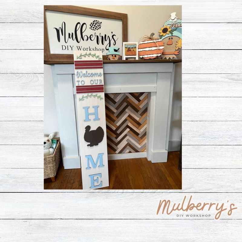 Our interchangeable HOME leaner is the perfect showcase project! It's approximately 4' long by 10" wide. The letter "O" can be swapped out for every season/holiday! It will great on your porch or anywhere in your home!  Includes: Porch Leaner with Turkey Insert.