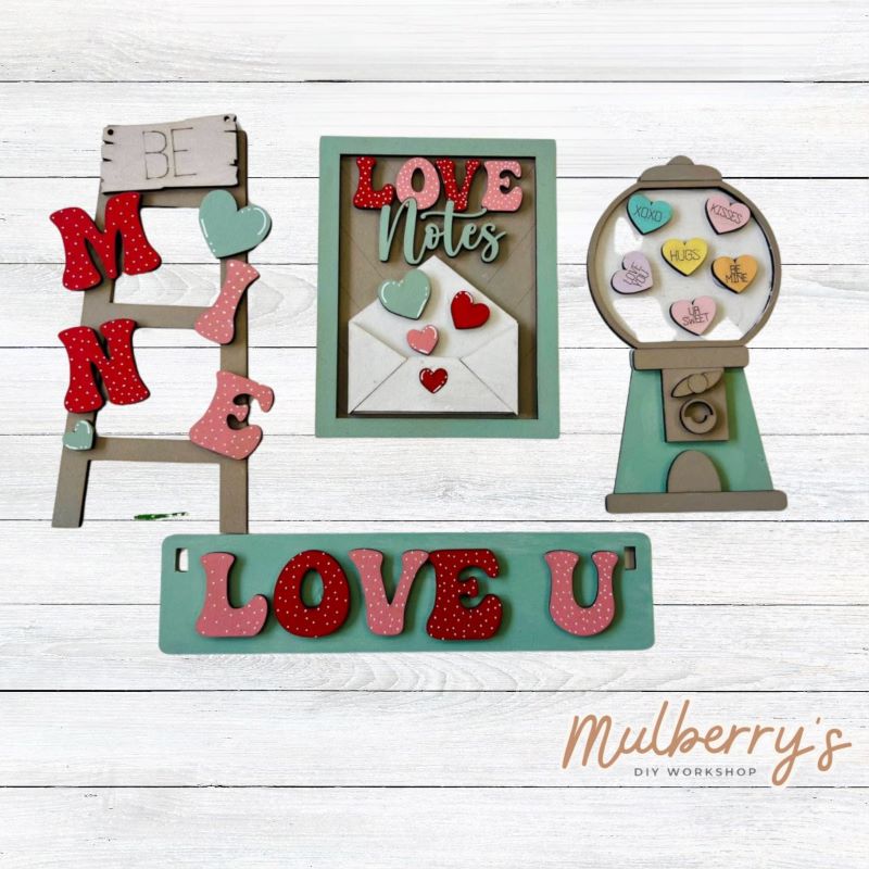 Our valentine gumball inserts are so versatile! Display them individually or in our interchangeable crate! Includes Be Mine Ladder, Love Notes, Gumball, and Love U Banner.