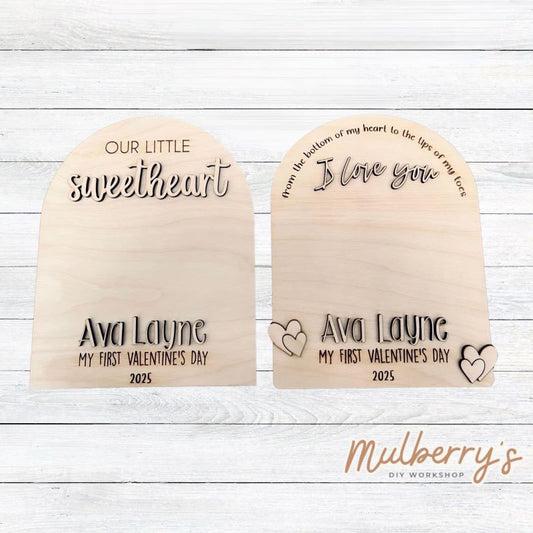 Let your little one personalize our cute valentine print signs! Approximately 10.5" tall. Optional stands are available. Personalization is available with the name and year.