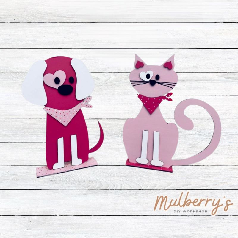 We adore these cute pet projects. Paint each one to resemble your own pets! The dog and cat shelf sitters are approximately 10.5 inches tall. Stand is included.