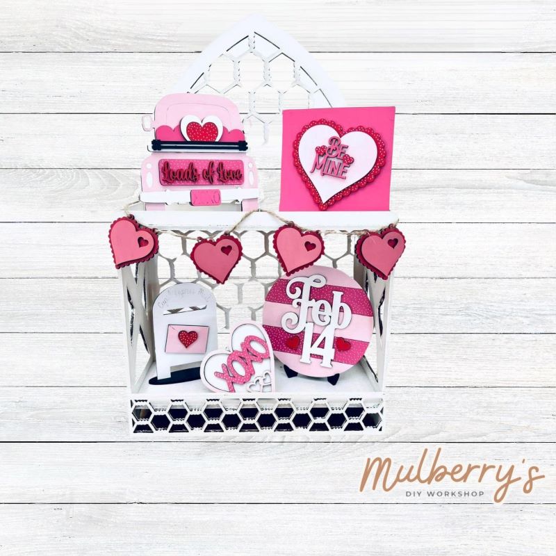Our six-piece valentine tiered tray set can be purchased as a set or as individual pieces.