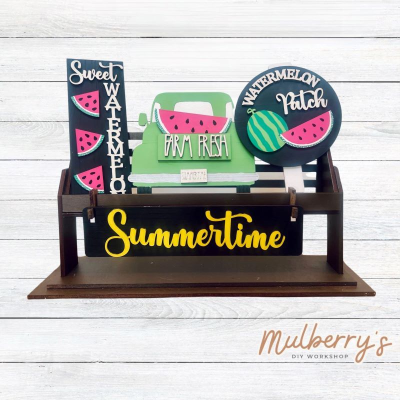 It doesn't get any cuter than our little rustic crate! It's a perfect add on accessory to your décor. It's approximately 13" long.  Includes: Crate and Watermelon Inserts. Watermelon inserts include Sweet Watermelon sign, Watermelon Truck, Watermelon Patch sign, and Summertime banner.