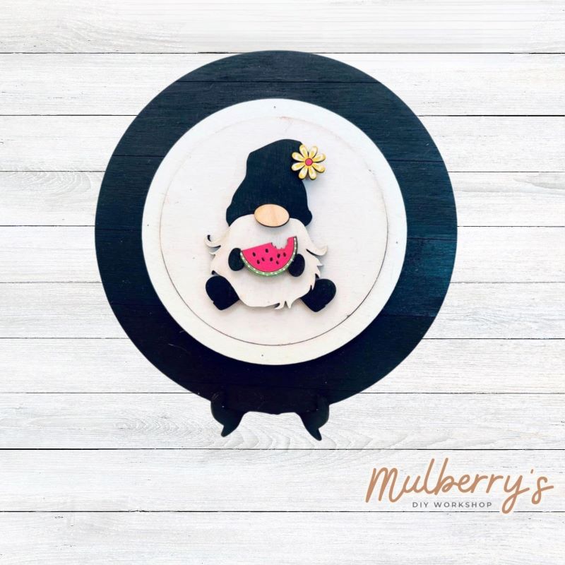 We love our mini interchangeable plate with stand! It's approximately 8-inches is diameter and can display your favorite seasonal/holiday insert. This set includes mini interchangeable plate with stand and watermelon gnome insert.