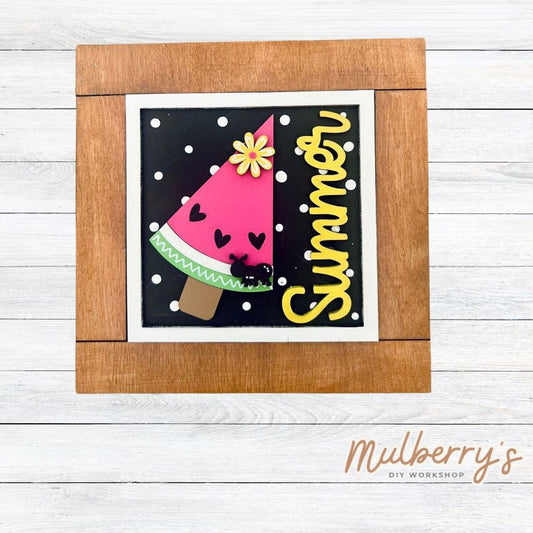 Our interchangeable square frame is the perfect way to display the different seasonal and holiday decorative tiles! Choose your favorite watermelon decorative tile to display inside! This listing includes the base and choice of one watermelon insert. Approximately 6" in diameter.