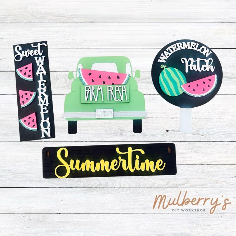 Our watermelon inserts are so versatile! Display them individually or in our interchangeable wagon or crate! Includes Sweet Watermelon sign, Watermelon Truck, Watermelon Patch sign, and Summertime banner.