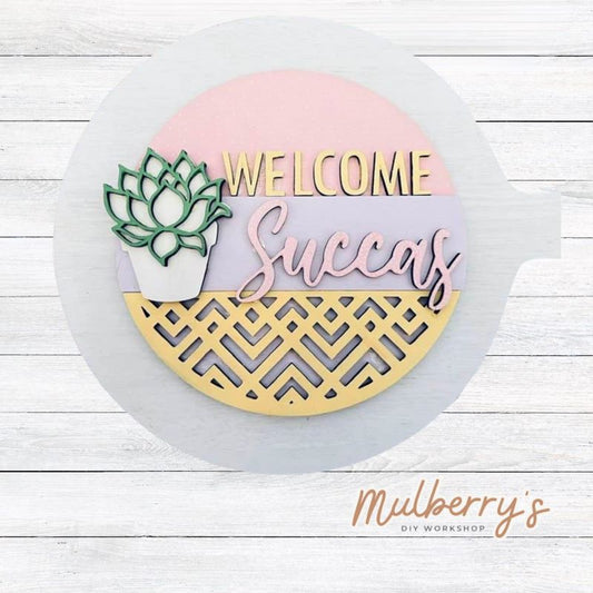 Decorate your home with our 7.5-inch Welcome Succas insert. Our inserts may be displayed solo or with our interchangeable plate stand.
