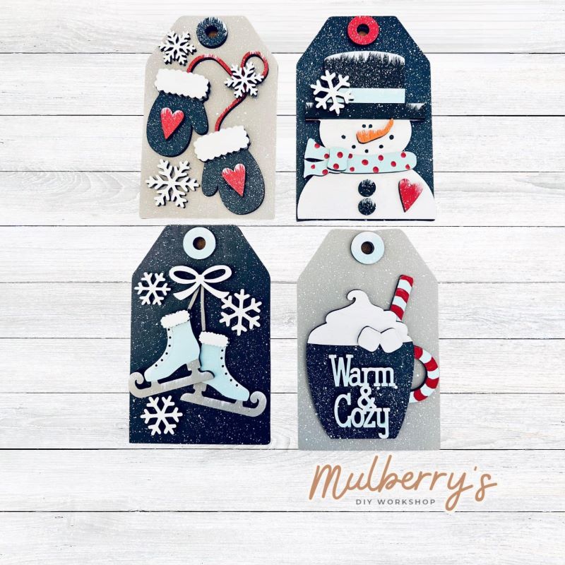 Our winter tag ornaments are perfect to use as ornaments of even gift tags! Approximately 5" tall.