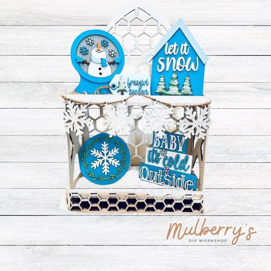 Our six-piece winter tiered tray set can be purchased as a set or as individual pieces.