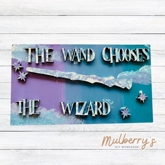 The wand always chooses the wizard! Our cute mini wizard sign is approximately 4" tall by 6" wide.