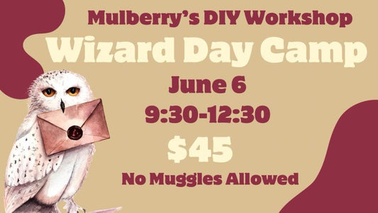 No Muggles Allowed! Only wizards and witches are invited to this super fun day camp!  We'll create three coordinating projects with your choice of the wizard animal project.  Date of Camp: Thursday, June 6, from 9:30am-12:30pm.  Ages 6+.  Please register to reserve your spot. No refunds. Registration may be transferred to a different camp, if needed.